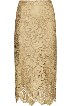Oscar de la Renta Mellemlang Gold Foil Rose guipure nederdel