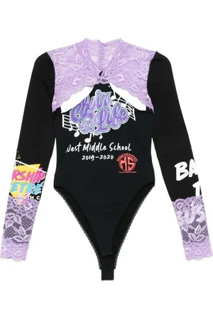 Marine Serre Bodysuit i regenereret materiale med blondedetalje