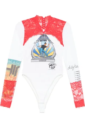 Marine Serre Bodysuit i regenereret materiale med blondedetalje