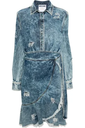Moschino Slå om-kjole i denim med slitageeffekt