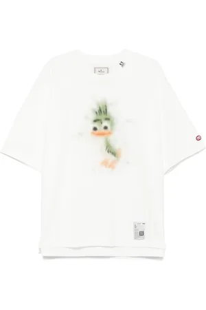 Maison Mihara Yasuhiro T-shirt med Leon-tryk og slitageeffekt