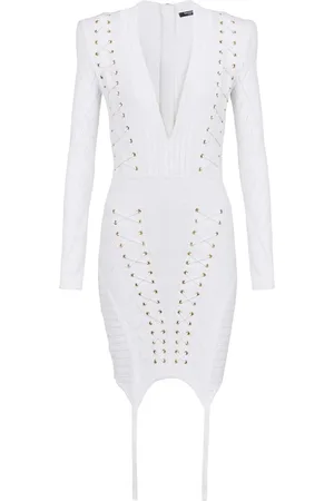 Balmain Faconsyet kjole i strik med snøredetalje