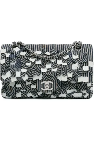 CHANEL Mellemstor klasisk Double Flap skuldertaske i kanvas med pailletter og striber fra 2006-2008