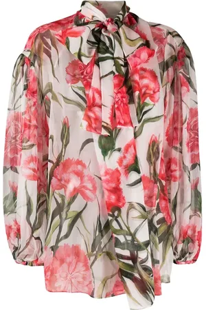 Dolce & Gabbana Silkebluse med bindingsdetalje i halsen og Carnation-tryk