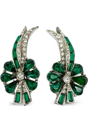 JENNIFER GIBSON JEWELLERY Pre-owned Emerald Paste blommiga clipsörhängen från 1950-talet