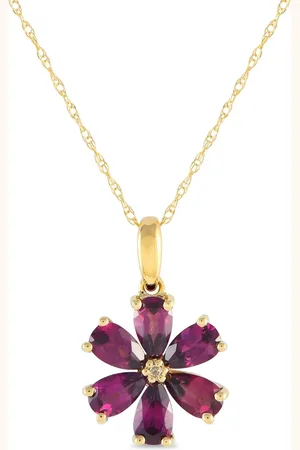 LB Exclusive Blomster-halskæde i 14 karat guld med diamant og rhodolit
