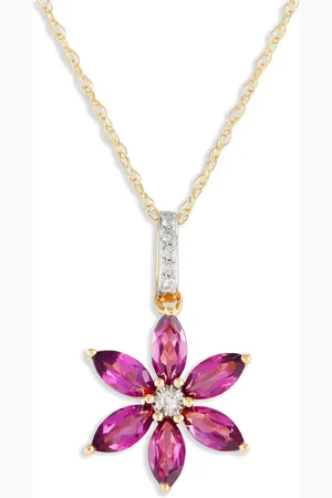 LB Exclusive Blomster-halskæde i 14 karat guld med diamant og rhodolit