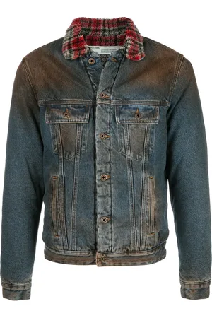 OFF-WHITE Denimjakke med slitage-effekt og ternet krave