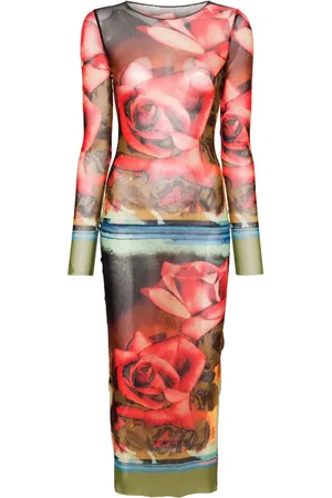 Jean Paul Gaultier Midi-kjole i mesh med rosetryk