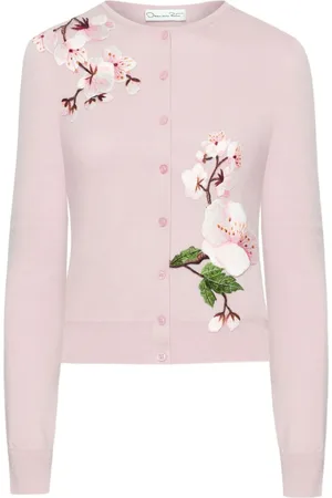 Oscar de la Renta Cardigan i kashmir med blomsterudsmykning