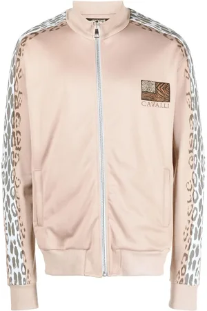 Roberto Cavalli Stribet jakke med leopardtryk og lynlås