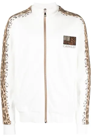 Roberto Cavalli Stribet jakke med leopardtryk og lynlås