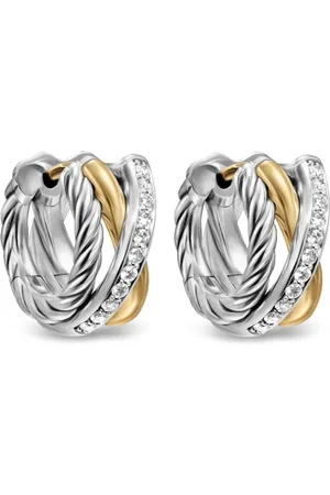 David Yurman Crossover Three Row hoop-øreringe i 18 karat gulguld og sterlingsølv med diamant (13 mm)