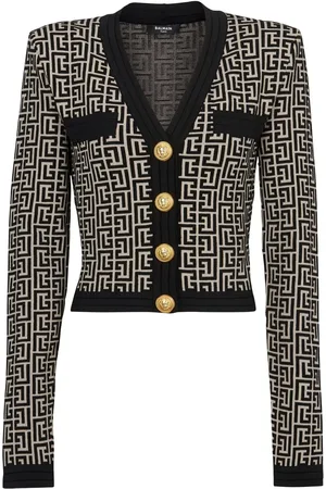 Balmain Intarsiastrikket cardigan med monogram og bælte