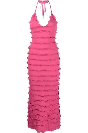 BLUMARINE Maxi kjole med flæser og V-hals