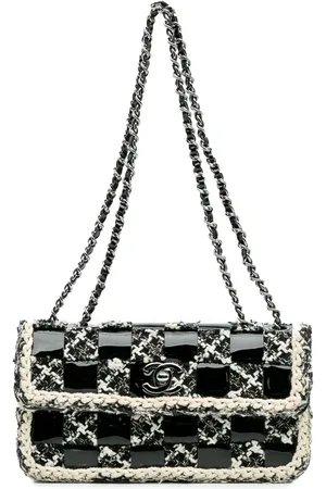 CHANEL Mini vævet Chessboard Single Flap skuldertaske i tweed og lakeret finish fra 2004-2005