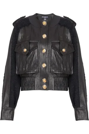 Balmain Bomberjakke i læder med tweed-panel