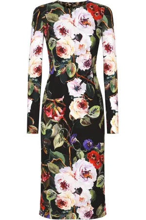 Dolce & Gabbana Midi kjole med blomstertryk og lange ærmer