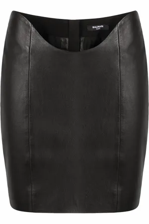 Balmain Faconsyet lædernederdel med buet talje