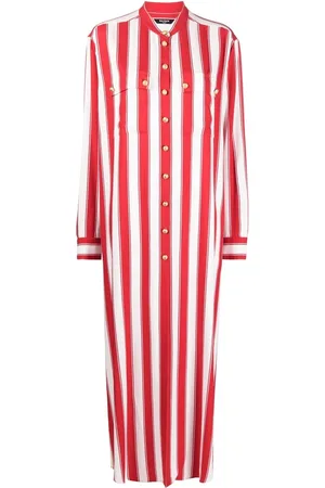 Balmain Stribet skjortekjole med båndkrave