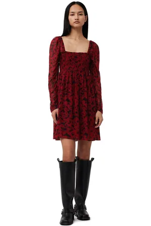 Ganni Red Printed Georgette Minikjole I Dame Størrelse 34 Viskose