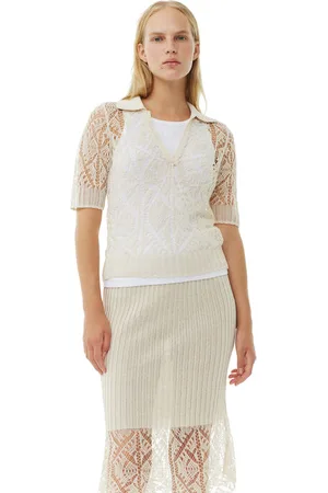 Ganni Cremefarvet Bomulds Lace Polo Sweater I White Dame Størrelse L