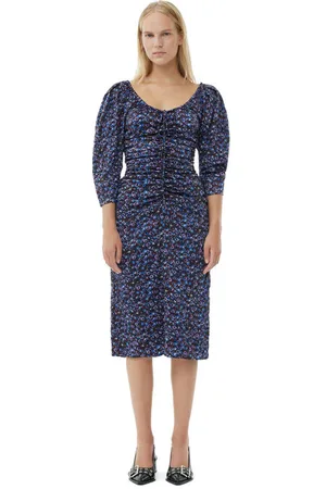 Ganni Floral Crinkled Satin U-Neck Midikjole I Dame Størrelse 34