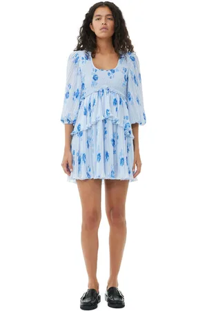 Ganni Blue Pleated Georgette Flounce Smock Minikjole Dame Størrelse 32 Genanvendt Polyester