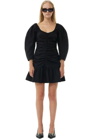 Ganni Cotton Poplin Gathered U-Neck Minikjole Dame Størrelse 34