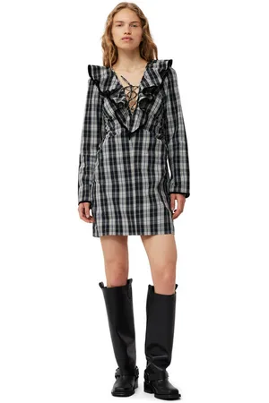 Ganni Checkered Cotton Ruffle V-Neck Minikjole I Dame Størrelse 42