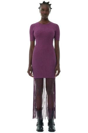 Ganni Purple Melange Knit Fringe Short Sleeve Minikjole I Dame Størrelse S