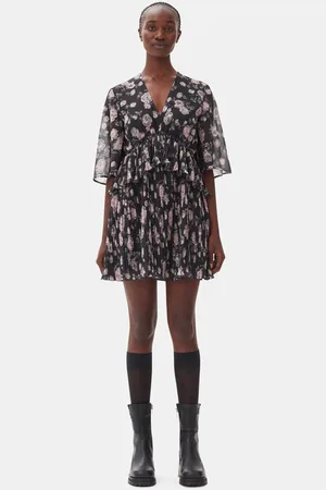 Ganni Floral Printed Pleated Georgette Minikjole I Mixed Dame Størrelse 42 Genanvendt Polyester
