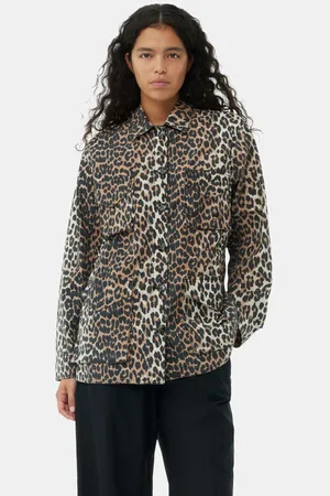Ganni Leopard Cotton Canvas Jakke I Dame Størrelse 38
