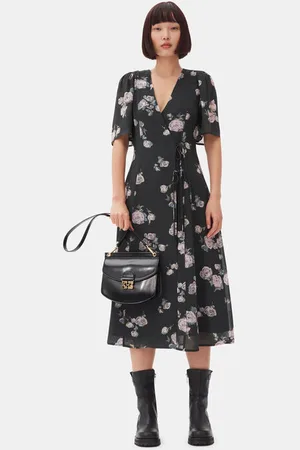 Ganni Black Floral Crepe Wrap Midikjole I Dame Størrelse 36 Viskose
