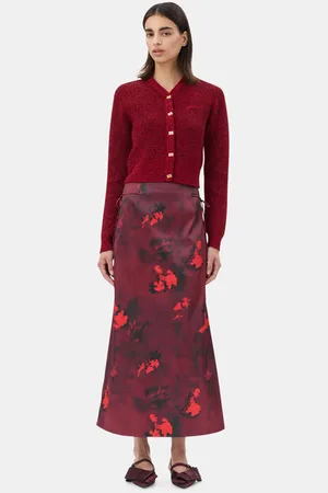 Ganni Red Printed Satin Maxinederdel I Dame Størrelse 32