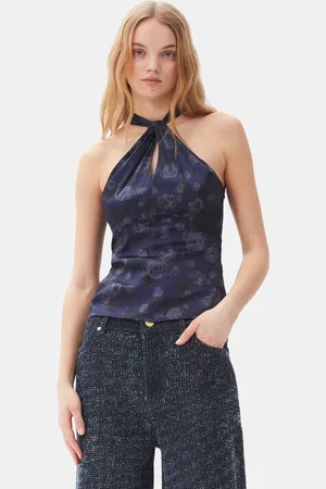 Ganni Dark Blue Floral Printed Top I Dame Størrelse 36 Spandex/Viskose
