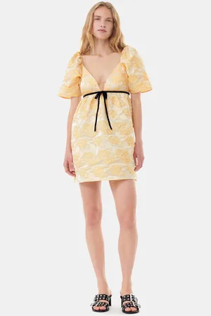 Ganni Yellow Botanical Jacquard Minikjole Dame Størrelse 42