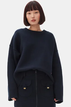 Ganni Dark Blue Wool Sweater I Navy Dame Størrelse L/Xl Uld