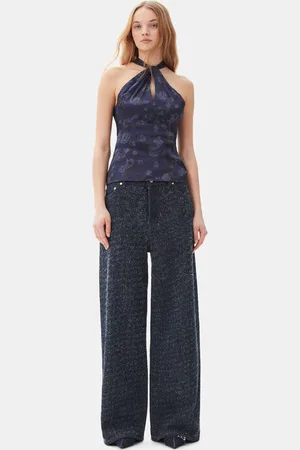 Ganni Dark Blue Fluffy Wide Jeans I Navy Dame Størrelse 32