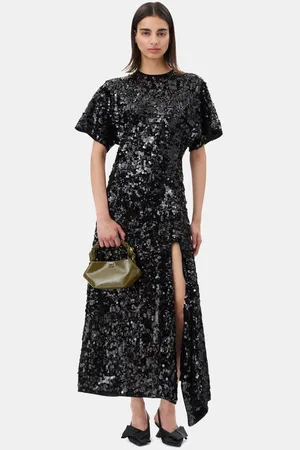 Ganni Velvet Sequins Long Kjole Dame Størrelse 40