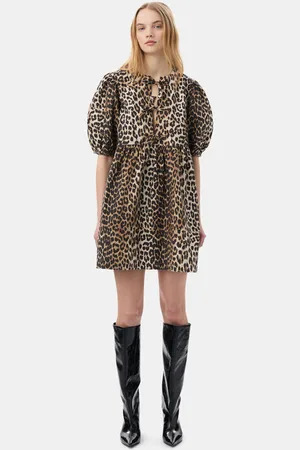 Ganni Minikjole I Bomuld Med Bindebånd Og Leopardprint I Mixed Dame Størrelse 38