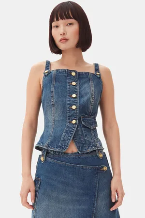 Ganni Dark Blue Heavy Washed Denim Top I Dame Størrelse 32