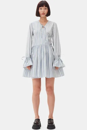 Ganni Blue Stripe Cotton Mini Wrap Kjole I White Dame Størrelse 32
