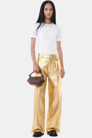 Ganni Gold Foil Wide Jeans I White Dame Størrelse 28