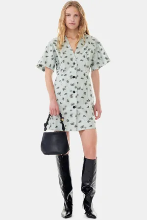 Ganni Grey Floral Printed Organza Jacquard Minikjole I Dame Størrelse 38
