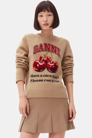 Ganni Camel Graphic Cherry Sweater I Dame Størrelse 2Xl
