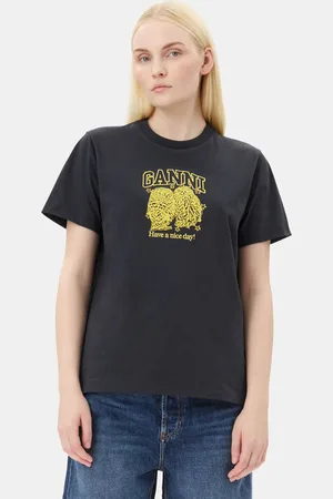 Ganni Black Basic Jersey Owls Relaxed T-Shirt I Mixed Dame Størrelse Xxs