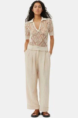 Ganni Beige Textured Suiting Mid Waist Bukser I Oyster Gray Dame Størrelse 42