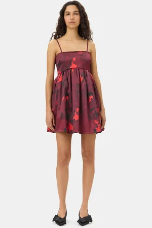 Ganni Red Floral Print Satin Strap Minikjole I Dame Størrelse 40