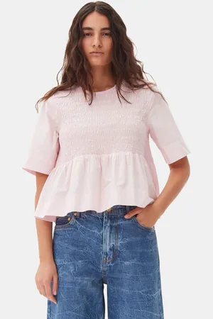 Ganni Pink Cotton Poplin Open Back Smock Bluse I Dame Størrelse 32